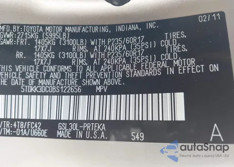 2011 Toyota Sienna Le V6 from USA, damaged, VIN 5TDKK3DC0BS122656